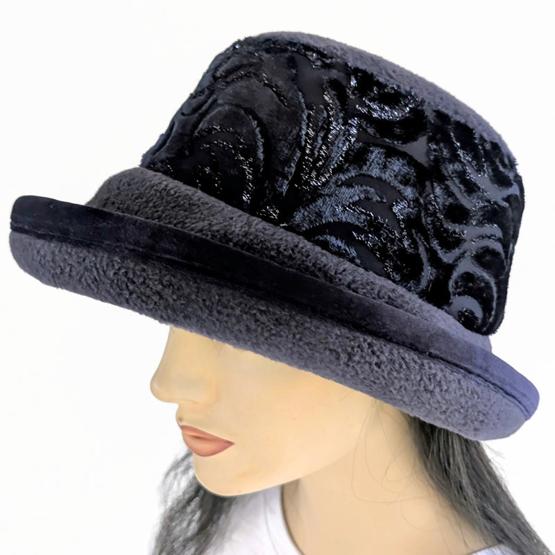Premium Winter Fashion Hat with Earflaps, velvet trim, navy with navy velvet burnout shimmer band and wide brim