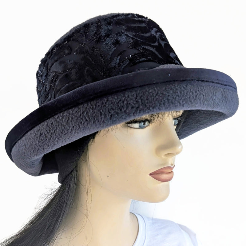 Premium Winter Fashion Hat with Earflaps, velvet trim, navy with navy velvet burnout shimmer band and wide brim