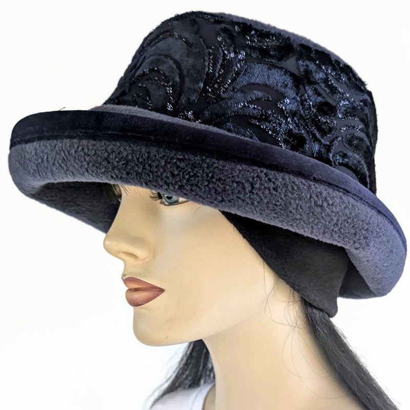Premium Winter Fashion Hat with Earflaps, velvet trim, navy with navy velvet burnout shimmer band and wide brim