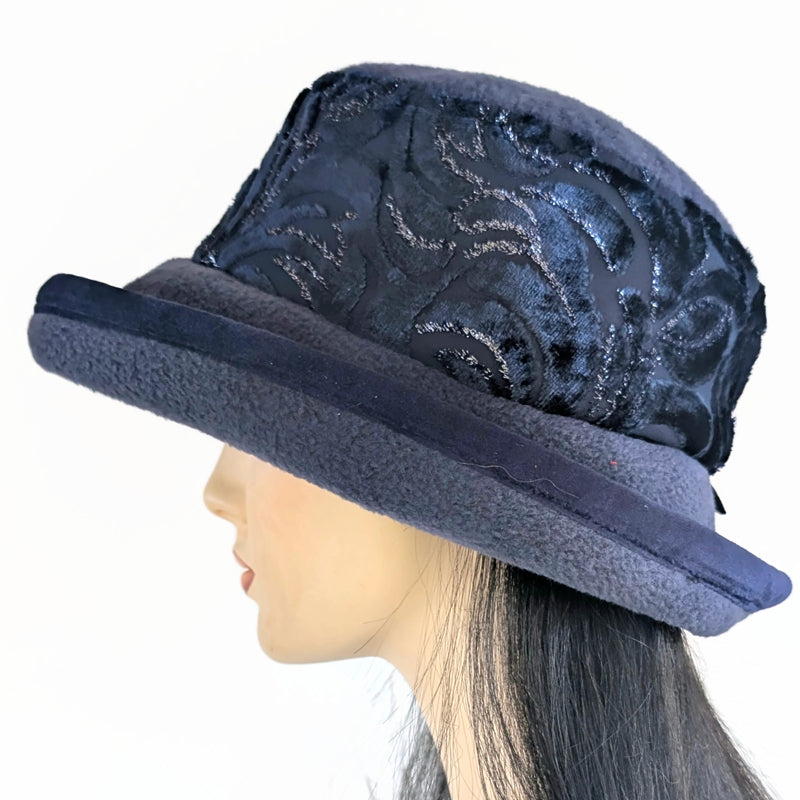 Premium Winter Fashion Hat with Earflaps, velvet trim, navy with navy velvet burnout shimmer band and wide brim