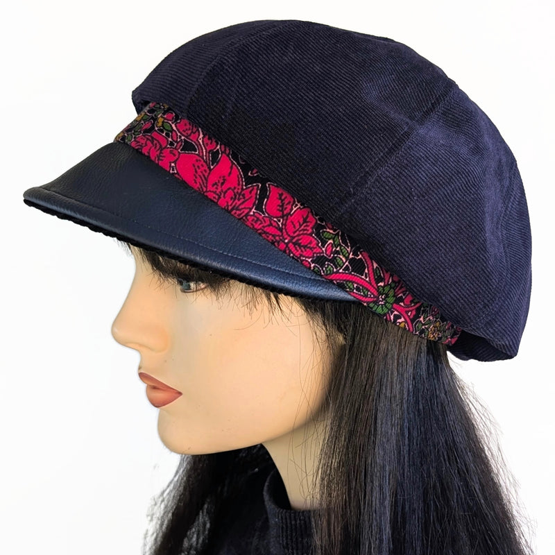 Poorboy Fashion Cap, baggy fit,  navy corduroy with navy faux leather visor and red rose pretty band