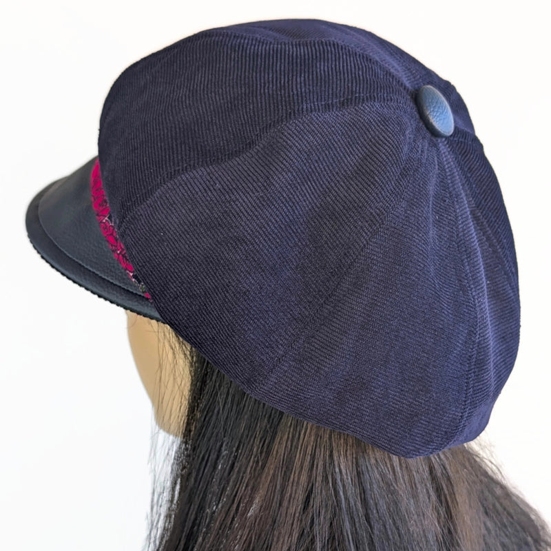 Poorboy Fashion Cap, baggy fit,  navy corduroy with navy faux leather visor and red rose pretty band