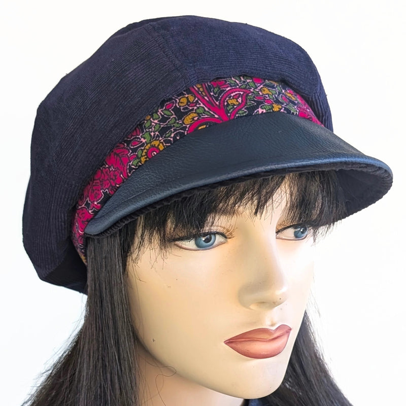 Poorboy Fashion Cap, baggy fit,  navy corduroy with navy faux leather visor and red rose pretty band