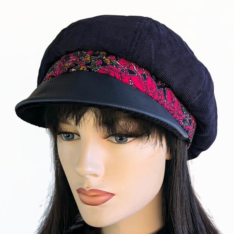 Poorboy Fashion Cap, baggy fit,  navy corduroy with navy faux leather visor and red rose pretty band