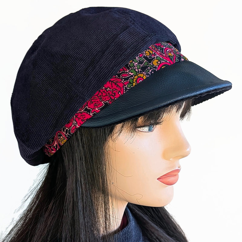 Poorboy Fashion Cap, baggy fit,  navy corduroy with navy faux leather visor and red rose pretty band
