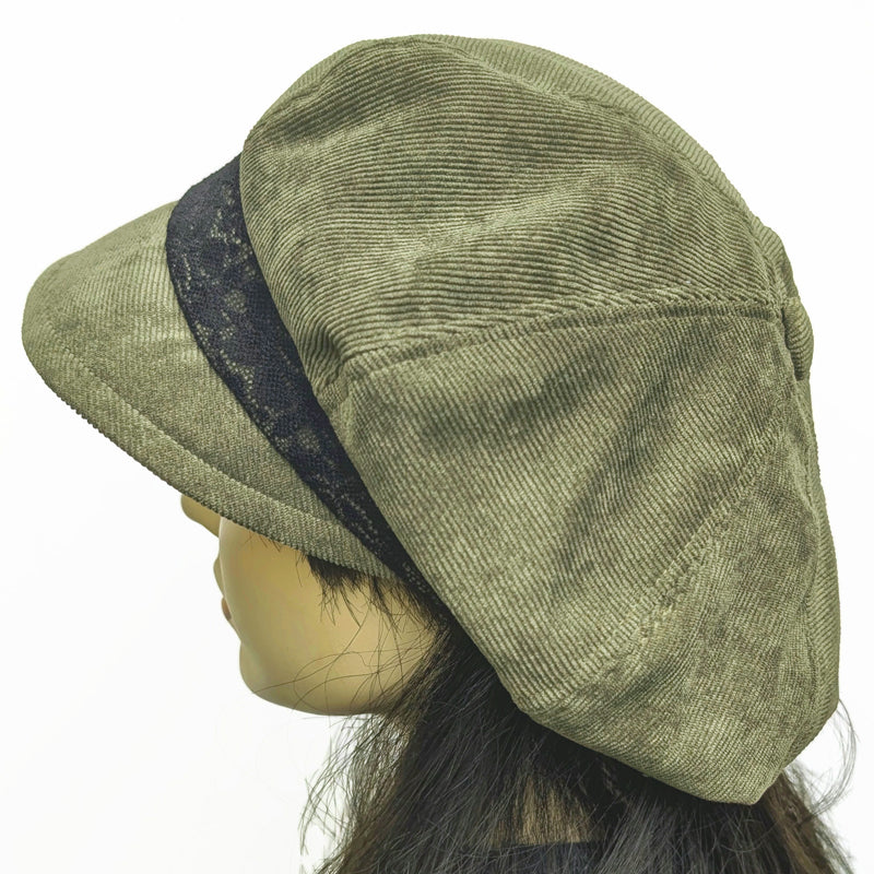 Newsboy Poorboy Fashion Cap with black lace trim, relaxed fit, Assorted Colors