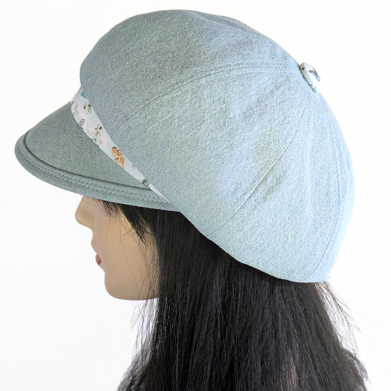 Poorboy Fashion Cap in bleached blue denim, pale butterfly dragonfly accents, flattering visor, baggy fit