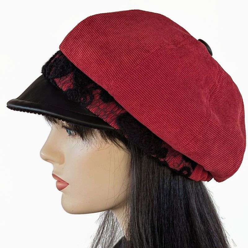 Poorboy Fashion Cap, relaxed fit, paprika cord or toffee cord with black wool lace trim and faux leather visor