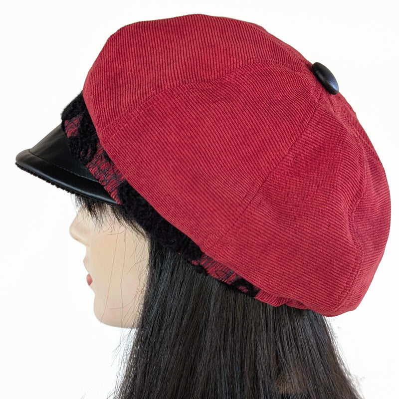 Poorboy Fashion Cap, relaxed fit, paprika cord or toffee cord with black wool lace trim and faux leather visor