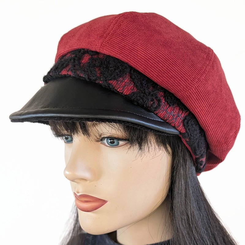 Poorboy Fashion Cap, relaxed fit, paprika cord or toffee cord with black wool lace trim and faux leather visor