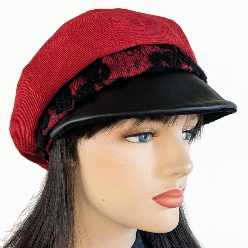 Poorboy Fashion Cap, relaxed fit, paprika cord or toffee cord with black wool lace trim and faux leather visor