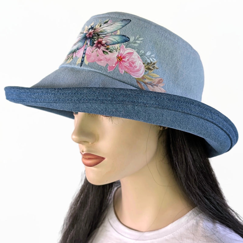 Sunblocker UV summer hat sun hat with wide brim, pastel pretty dragonfly floral, adjustable fit