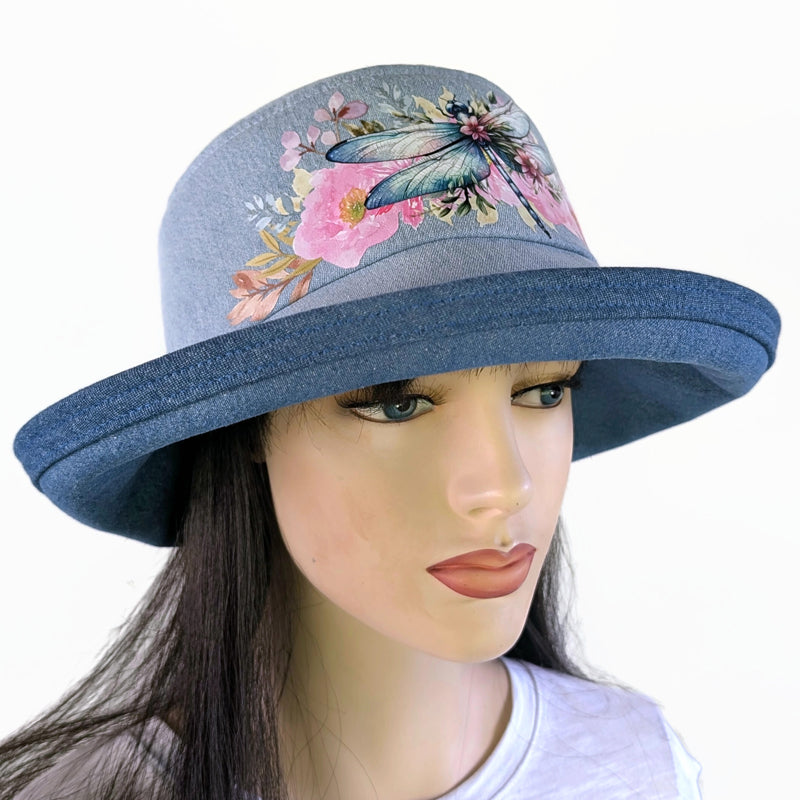 Sunblocker UV summer hat sun hat with wide brim, pastel pretty dragonfly floral, adjustable fit