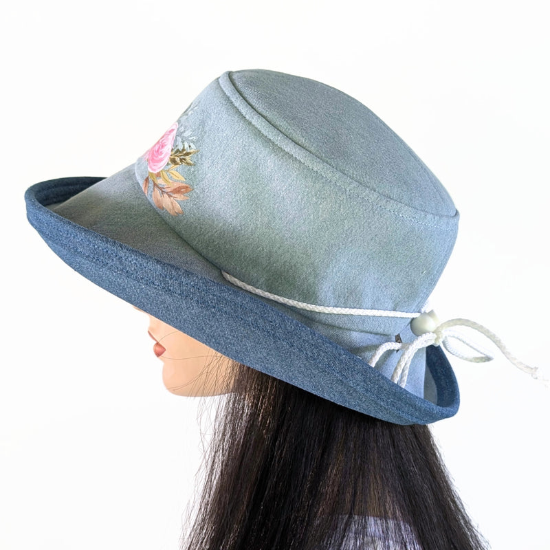 Sunblocker UV summer hat sun hat with wide brim, pastel pretty dragonfly floral, adjustable fit