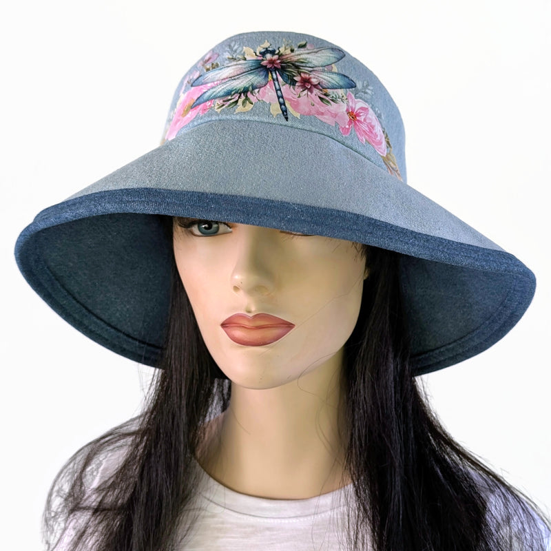 Sunblocker UV summer hat sun hat with wide brim, pastel pretty dragonfly floral, adjustable fit