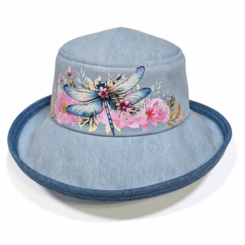 Sunblocker UV summer hat sun hat with wide brim, pastel pretty dragonfly floral, adjustable fit