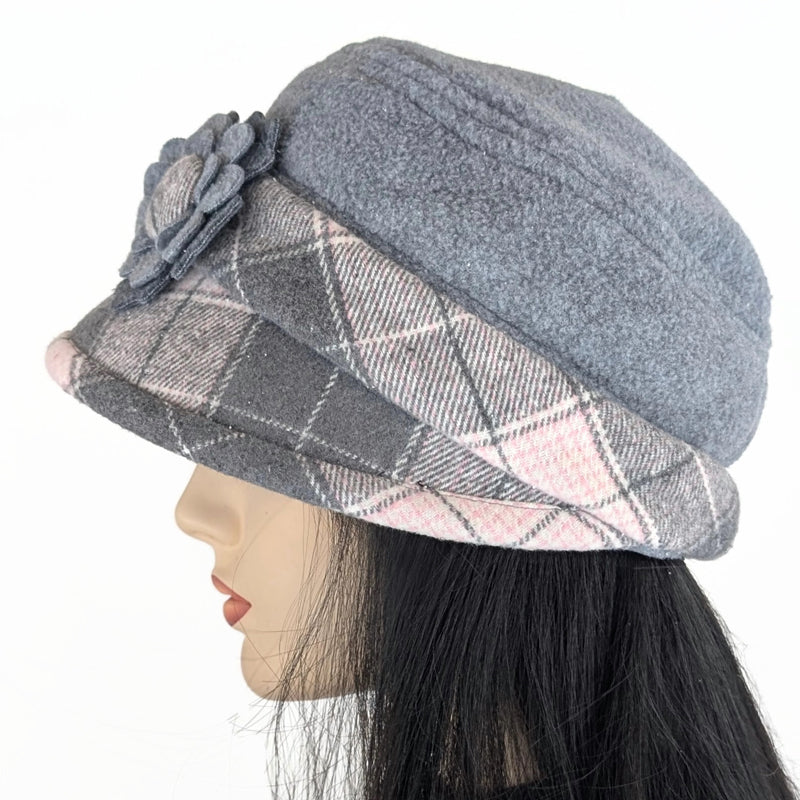 Rosie Cap with wrap around broad visor, removable floral pin, grey and pink plaid