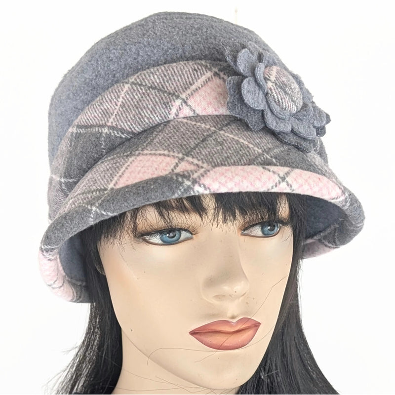 Rosie Cap with wrap around broad visor, removable floral pin, grey and pink plaid