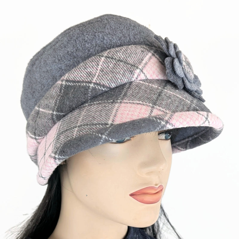 Rosie Cap with wrap around broad visor, removable floral pin, grey and pink plaid