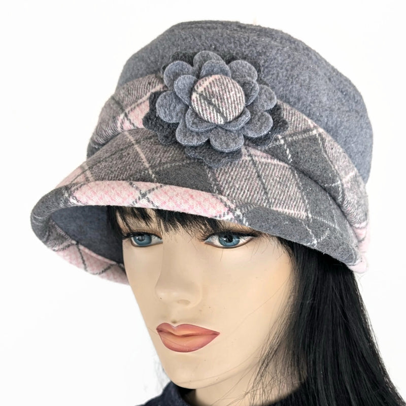 Rosie Cap with wrap around broad visor, removable floral pin, grey and pink plaid