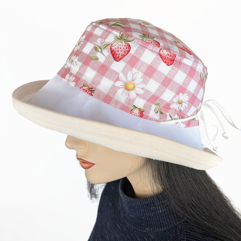 Sunblocker UV summer hat sun hat with wide brim, pink with strawberries in gingham, adjustable fit