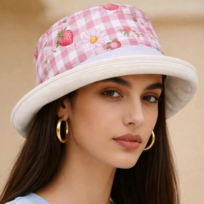 Sunblocker UV summer hat sun hat with wide brim, pink with strawberries in gingham, adjustable fit