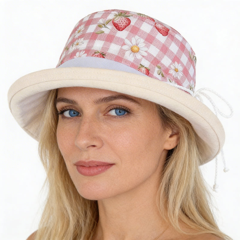 Sunblocker UV summer hat sun hat with wide brim, pink with strawberries in gingham, adjustable fit