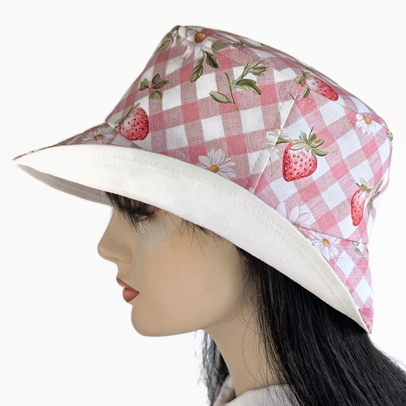Sun Hat Perfect Bucket Hat, pink and cream gingham, deep bucket brim