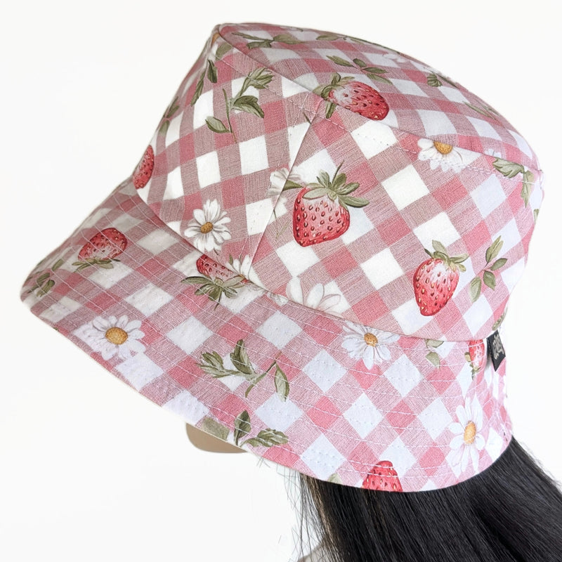 Sun Hat Perfect Bucket Hat, pink and cream gingham, deep bucket brim
