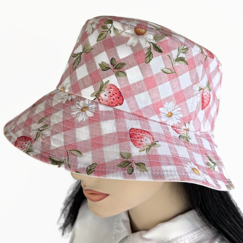 Sun Hat Perfect Bucket Hat, pink and cream gingham, deep bucket brim