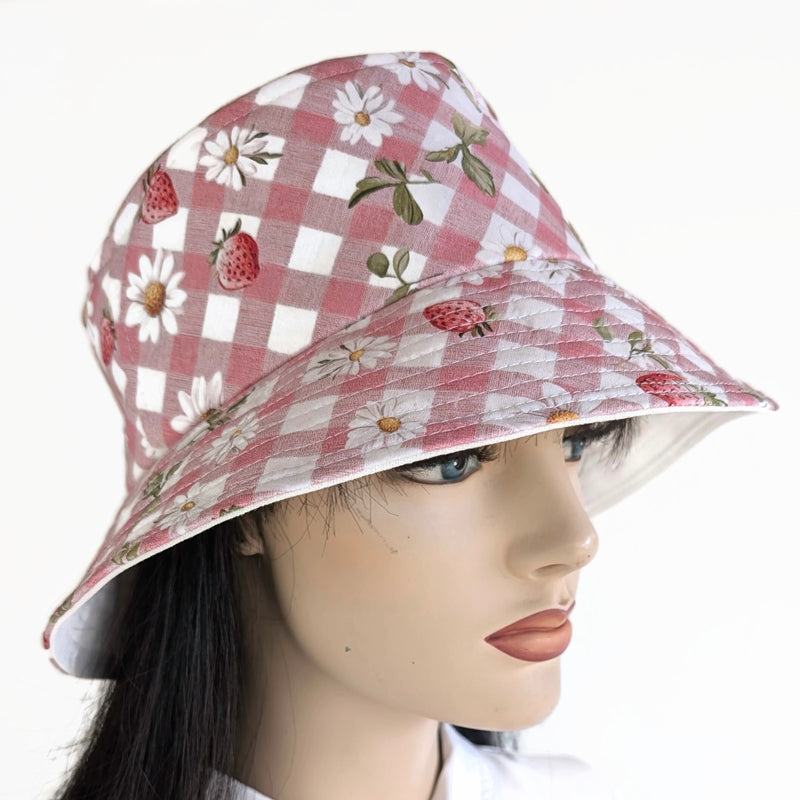 Sun Hat Perfect Bucket Hat, pink and cream gingham, deep bucket brim