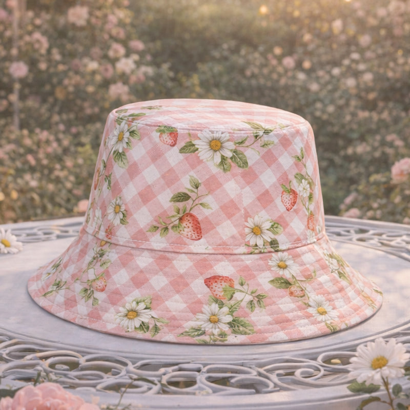 Sun Hat Perfect Bucket Hat, pink and cream gingham, deep bucket brim