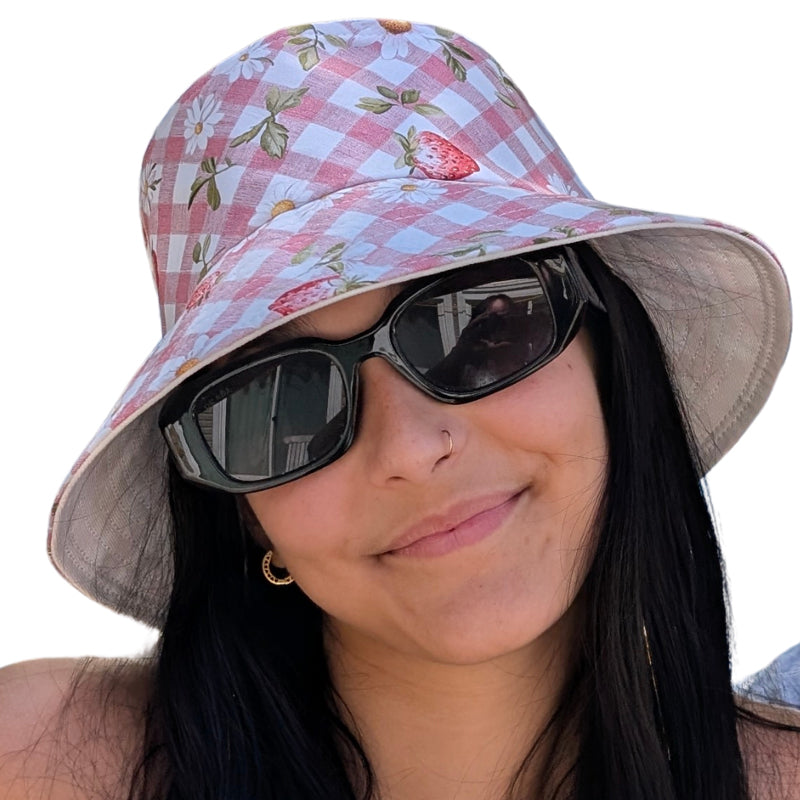 Sun Hat Perfect Bucket Hat, pink and cream gingham, deep bucket brim