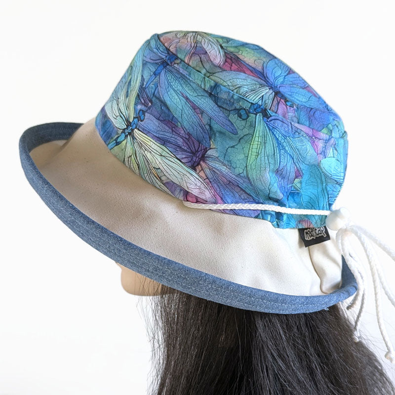 Sunblocker UV summer sun hat with wide brim, pretty dragonfly print, adjustable fit