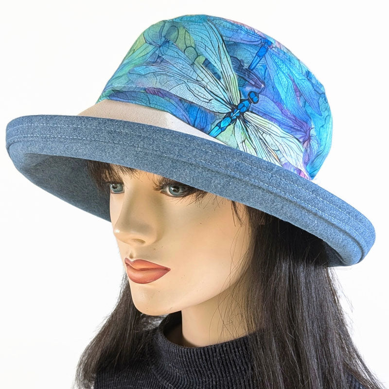 Sunblocker UV summer sun hat with wide brim, pretty dragonfly print, adjustable fit