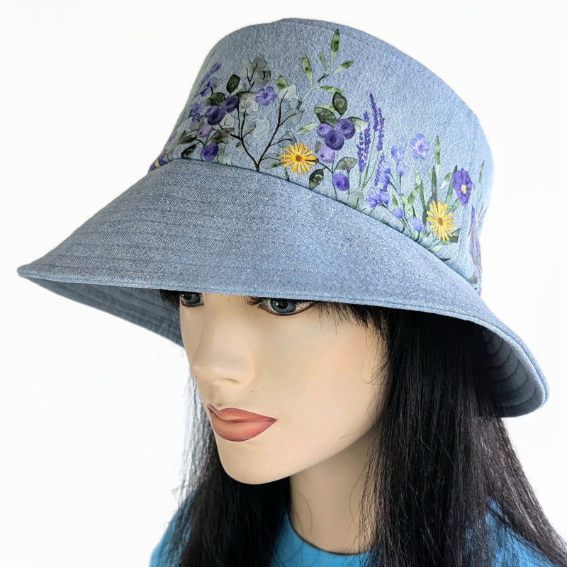 Sun Hat Perfect Bucket Hat, bleached denim with purple floral print, deep bucket brim