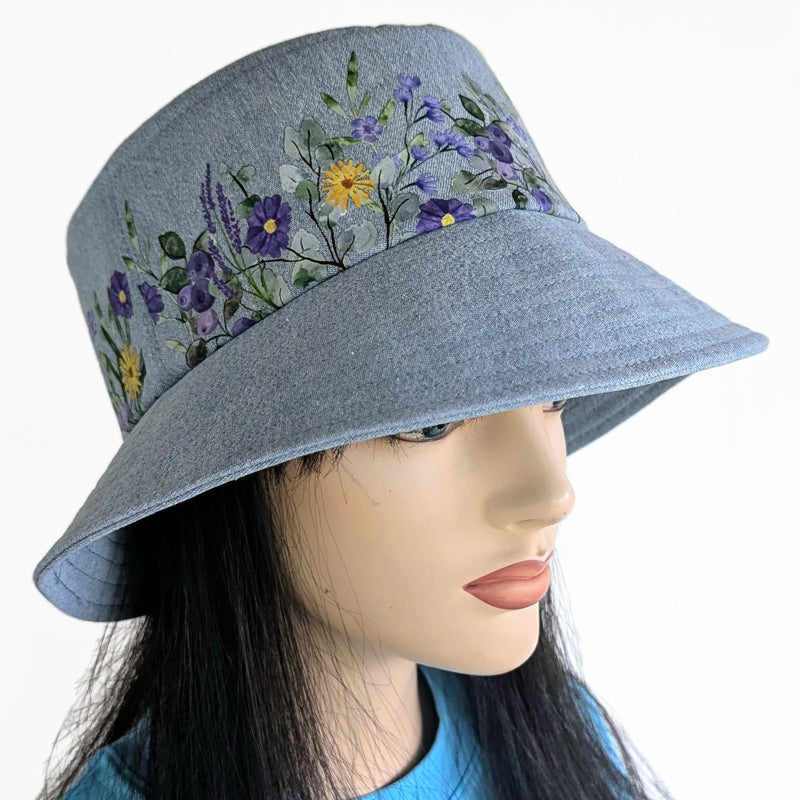 Sun Hat Perfect Bucket Hat, bleached denim with purple floral print, deep bucket brim
