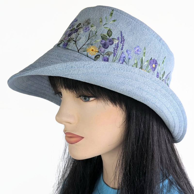 Sun Hat Perfect Bucket Hat, bleached denim with purple floral print, deep bucket brim