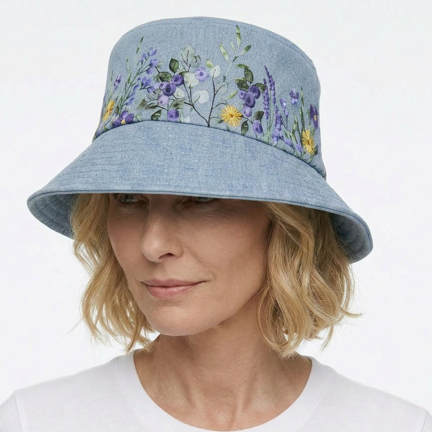 Sun Hat Perfect Bucket Hat, bleached denim with purple floral print, deep bucket brim