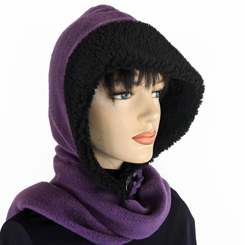 Fleece Hoodie Scarf, with sherpa fleece trim, button closure and wrap around ends, purple with black trim