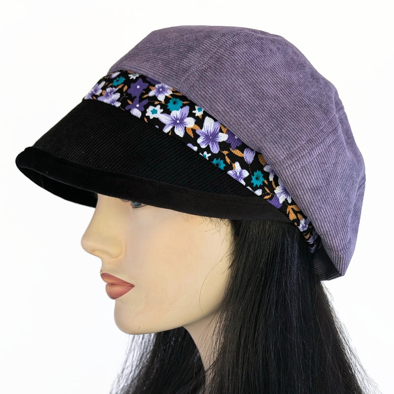 Baggy Poorboy Fashion Cap in purple cord, floral and velvet trim with wide flattering visor, one size fit