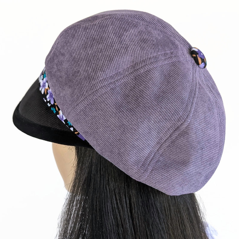 Baggy Poorboy Fashion Cap in purple cord, floral and velvet trim with wide flattering visor, one size fit