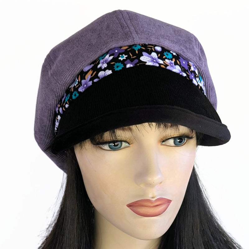 Baggy Poorboy Fashion Cap in purple cord, floral and velvet trim with wide flattering visor, one size fit