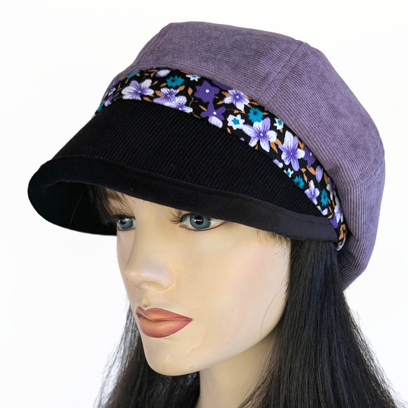 Baggy Poorboy Fashion Cap in purple cord, floral and velvet trim with wide flattering visor, one size fit