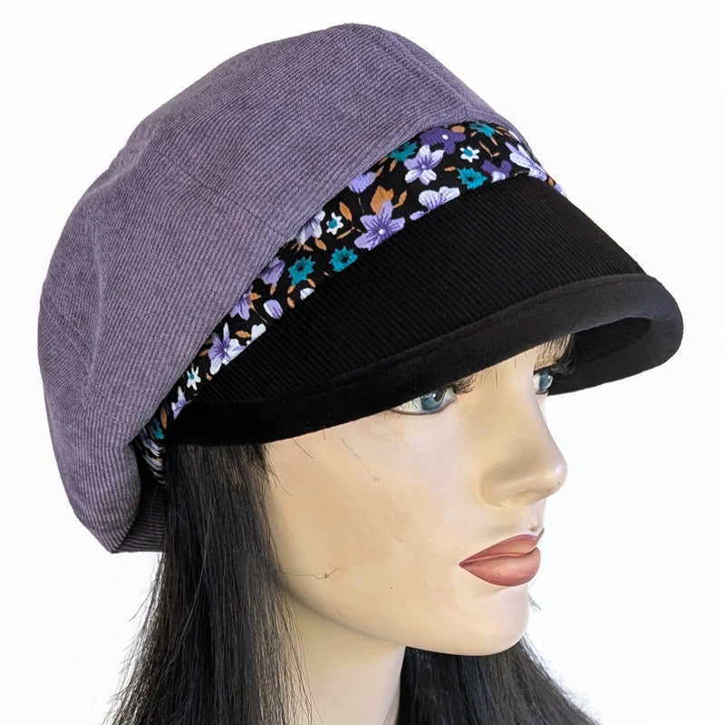 Baggy Poorboy Fashion Cap in purple cord, floral and velvet trim with wide flattering visor, one size fit
