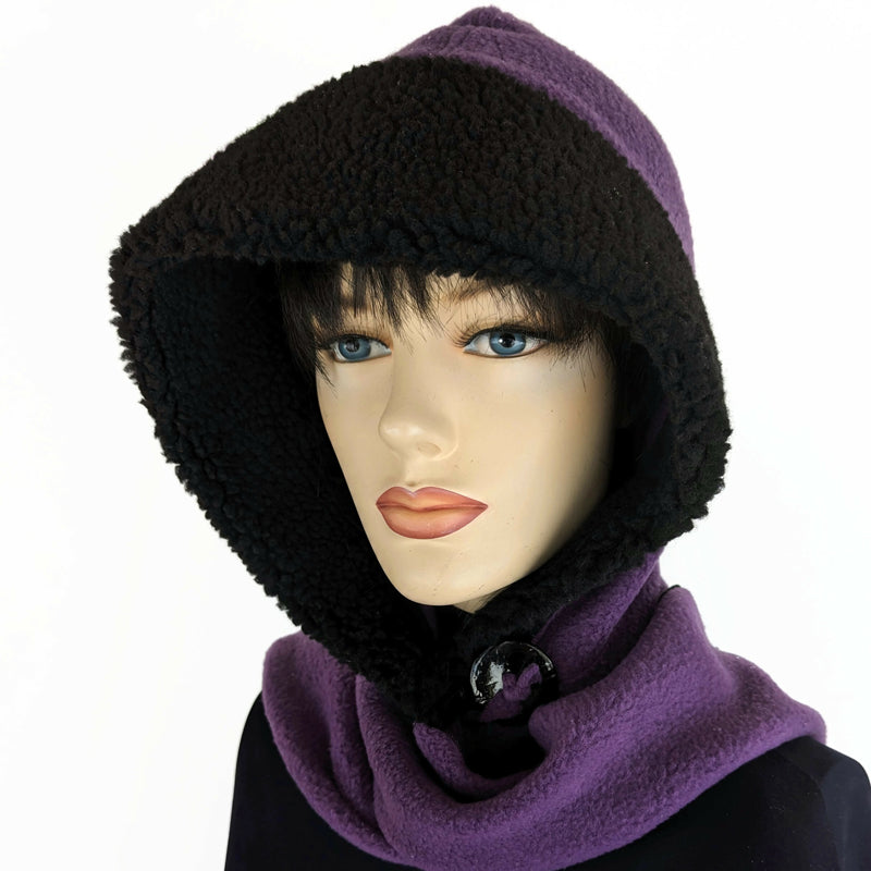 Fleece Hoodie Scarf, with sherpa fleece trim, button closure and wrap around ends, purple with black trim