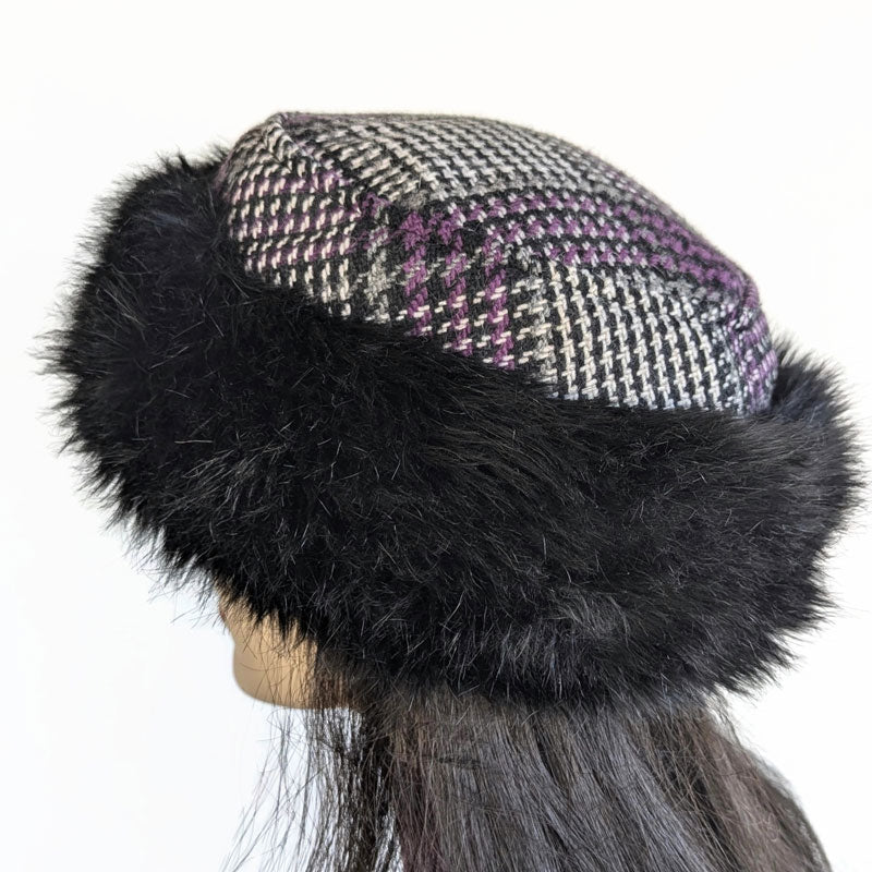 Faux Fur and Wool Fashion Pillbox Beanie Toque Hat, purple plaid wool, with earflaps