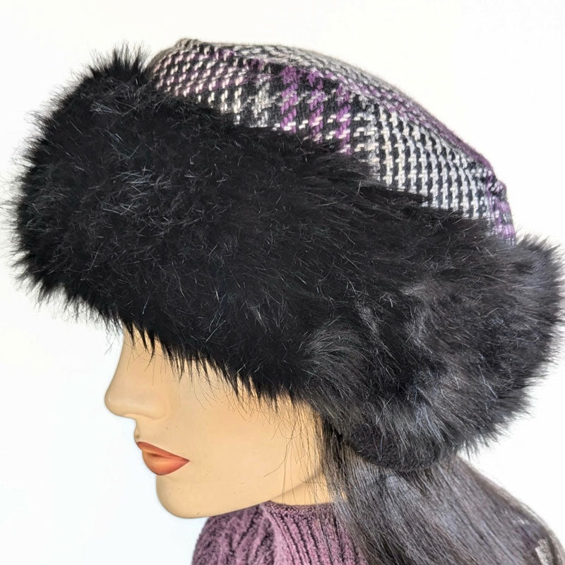 Faux Fur and Wool Fashion Pillbox Beanie Toque Hat, purple plaid wool, with earflaps