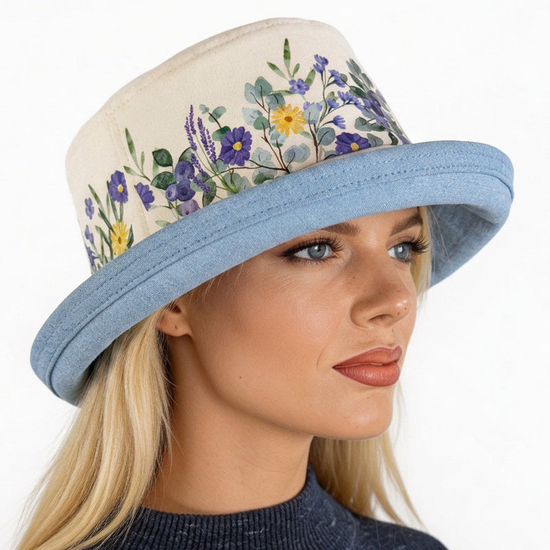 The Perfect Sun Hat Fun Hat, denim with purple wildflowers, with flattering brim mid size brim