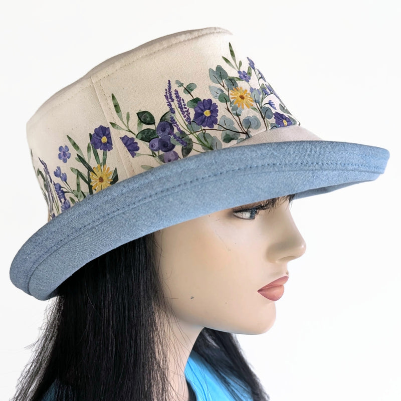The Perfect Sun Hat Fun Hat, denim with purple wildflowers, with flattering brim mid size brim
